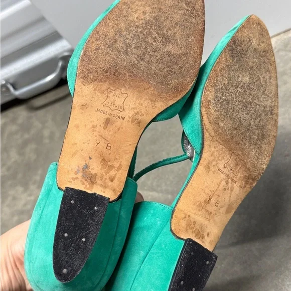 Vintage D’Orsay Flats Women Size 9 Teal Leather Suede Pointed Toe Low Heels - Picture 5 of 6